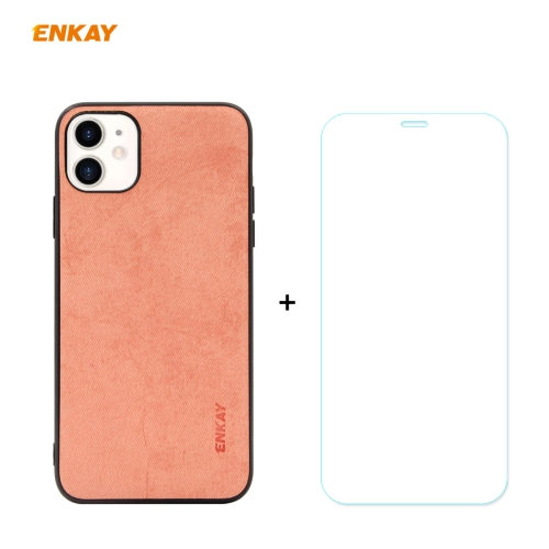 

For iPhone 11 ENKAY ENK-PC0282 2 in 1 Business Series Fabric Texture PU Leather + TPU Soft Slim Case Cover ＆ 0.26mm 9H 2.5D Tempered Glass Film(Orange)