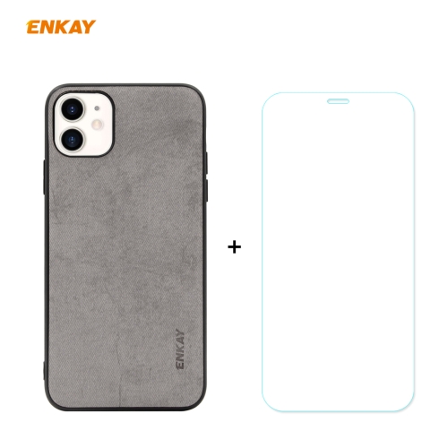 

For iPhone 11 ENKAY ENK-PC0282 2 in 1 Business Series Fabric Texture PU Leather + TPU Soft Slim Case Cover ＆ 0.26mm 9H 2.5D Tempered Glass Film(Grey)