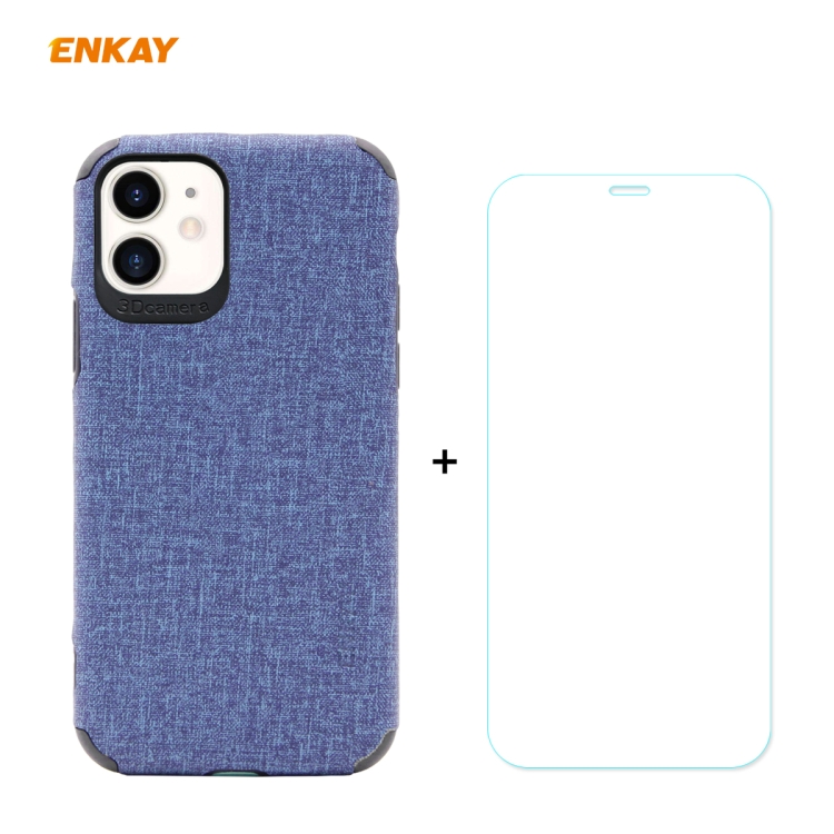 

For iPhone 11 ENKAY ENK-PC0312 2 in 1 Business Series Denim Texture PU Leather + TPU Soft Slim Case Cover ＆ 0.26mm 9H 2.5D Tempered Glass Film(Blue)