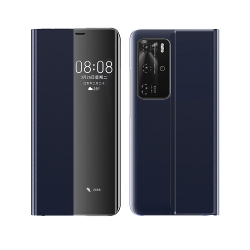 

For Huawei P40 Side Window Display Comes With Hibernation/Bracket Function Plain Cloth Without Flip To Answer The Phone Case(Dark Blue)