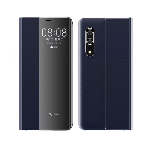 

For Huawei P30 Side Window Display Comes With Hibernation/Bracket Function Plain Cloth Without Flip To Answer The Phone Case(Dark Blue)