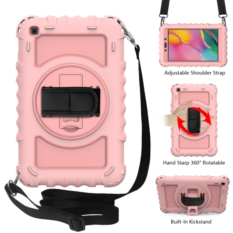 

For Samsung Galaxy Tab A 8.0 2019 T290 / T295 360 Degree Rotation PC + Silicone Shockproof Combination Case with Holder & Hand Grip Strap & Neck Strap(Rose Gold)