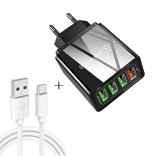 

2 in 1 USB to USB-C / Type-C Data Cable + 30W QC 3.0 4 USB Interfaces Mobile Phone Tablet PC Universal Quick Charger Travel Charger Set, EU Plug(Black)