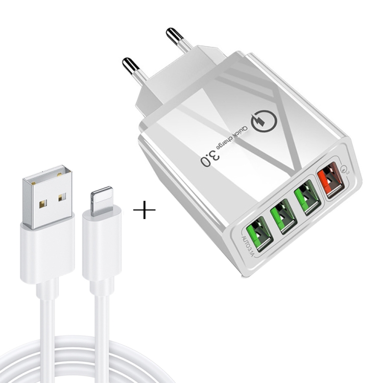 

2 in 1 1m USB to 8 Pin Data Cable + 30W QC 3.0 4 USB Interfaces Mobile Phone Tablet PC Universal Quick Charger Travel Charger Set, EU Plug(White)