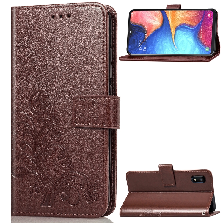 

For Samsung Galaxy A10E Four-leaf Clasp Embossed Buckle Mobile Phone Protection Leather Case with Lanyard & Card Slot & Wallet & Bracket Function(Brown)