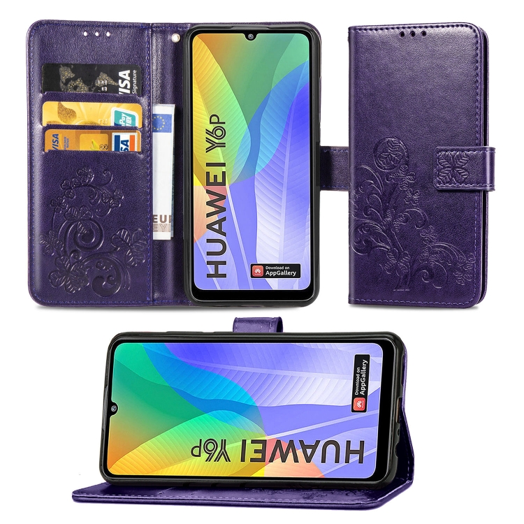 

For Huawei Y6P Four-leaf Clasp Embossed Buckle Mobile Phone Protection Leather Case with Lanyard & Card Slot & Wallet & Bracket Function(Purple)