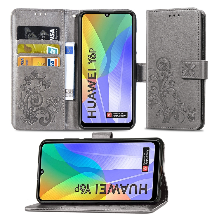 

For Huawei Y6P Four-leaf Clasp Embossed Buckle Mobile Phone Protection Leather Case with Lanyard & Card Slot & Wallet & Bracket Function(Gray)