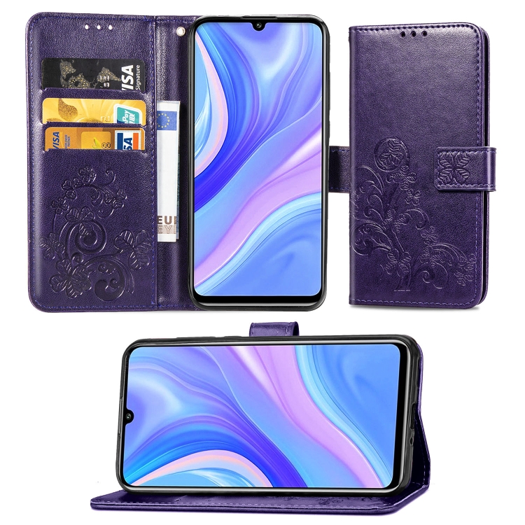 

For Huawei Y8P/ Enjoy 10S Four-leaf Clasp Embossed Buckle Mobile Phone Protection Leather Case with Lanyard & Card Slot & Wallet & Bracket Function(Purple)