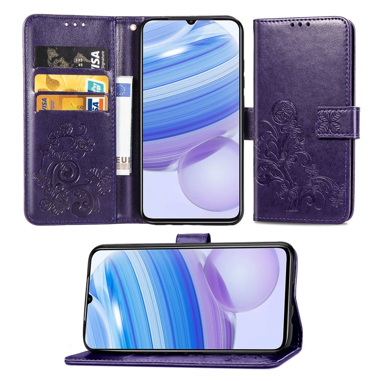 

For Xiaomi Redmi 10X Pro 5G/10X 5G Four-leaf Clasp Embossed Buckle Mobile Phone Protection Leather Case with Lanyard & Card Slot & Wallet & Bracket Function(Purple)