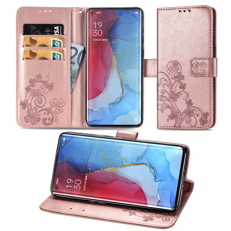 

For OPPO Reno 3 Pro /Find X2 neo Four-leaf Clasp Embossed Buckle Mobile Phone Protection Leather Case with Lanyard & Card Slot & Wallet & Bracket Function(Rose Gold)