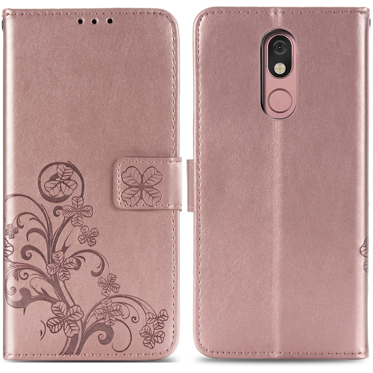 

For LG Stylo 5 Four-leaf Clasp Embossed Buckle Mobile Phone Protection Leather Case with Lanyard & Card Slot & Wallet & Bracket Function(Rose Gold)