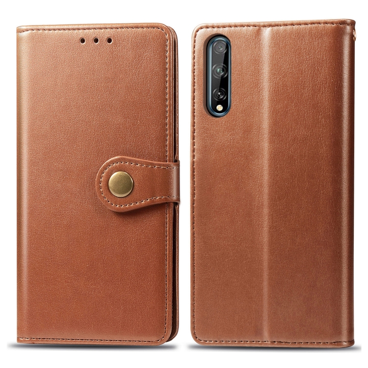 

For Huawei Y8P/ Enjoy 10S Retro Solid Color Leather Buckle Phone Case with Lanyard & Photo Frame & Card Slot & Wallet & Stand Function(Brown)
