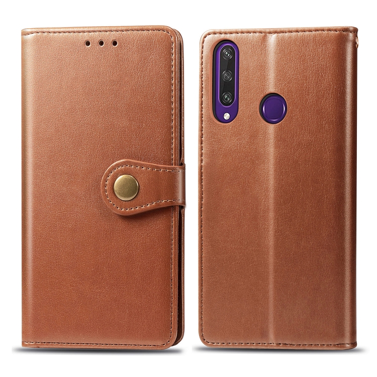 

For Huawei Y6P Retro Solid Color Leather Buckle Phone Case with Lanyard & Photo Frame & Card Slot & Wallet & Stand Function(Brown)