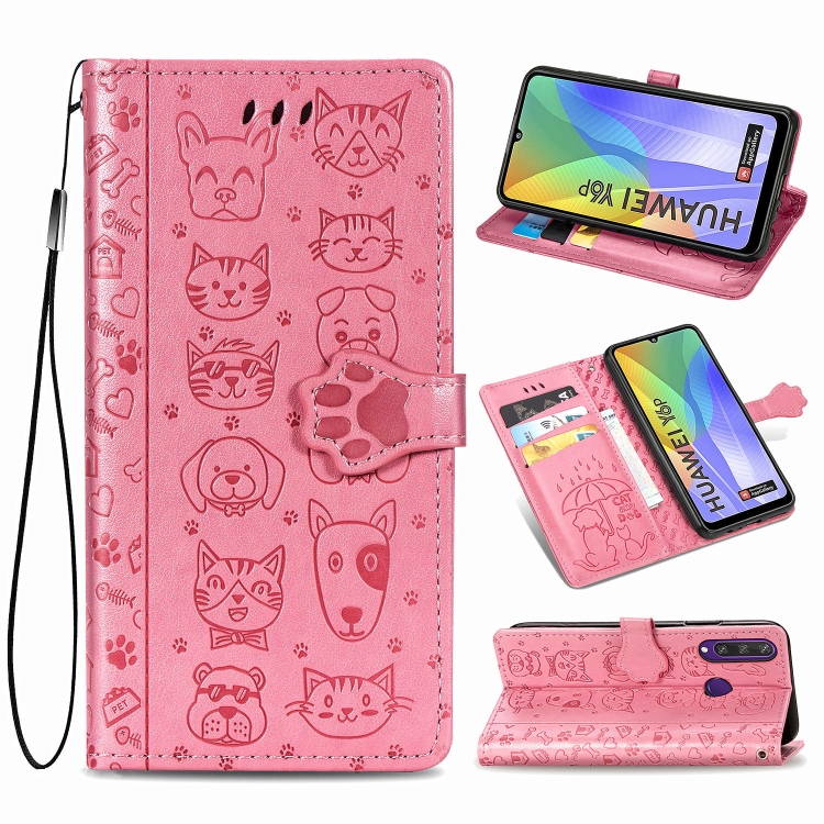 

For Huawei Y8P/ Enjoy 10S Cute Cat and Dog Embossed Horizontal Flip Leather Case with Bracket / Card Slot / Wallet / Lanyard(Pink)
