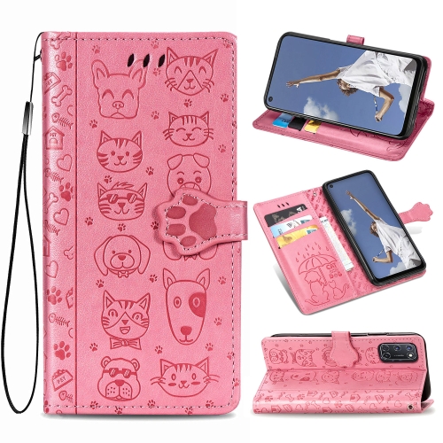 

For OPPO A52/A72/A92 Cute Cat and Dog Embossed Horizontal Flip Leather Case with Bracket / Card Slot / Wallet / Lanyard(Pink)