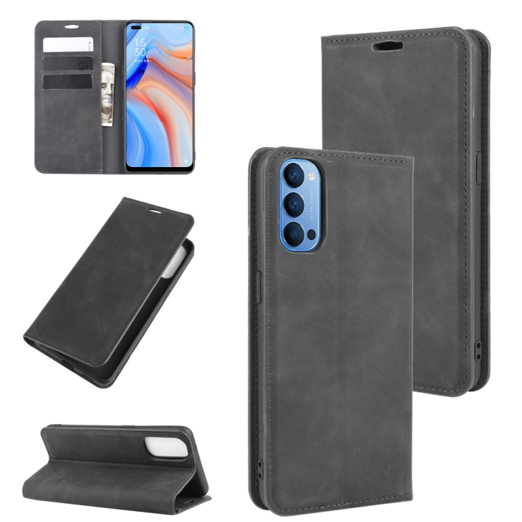 

For OPPO Reno 4 5G Retro-skin Business Magnetic Suction Leather Case with Holder & Card Slots & Wallet(Black)