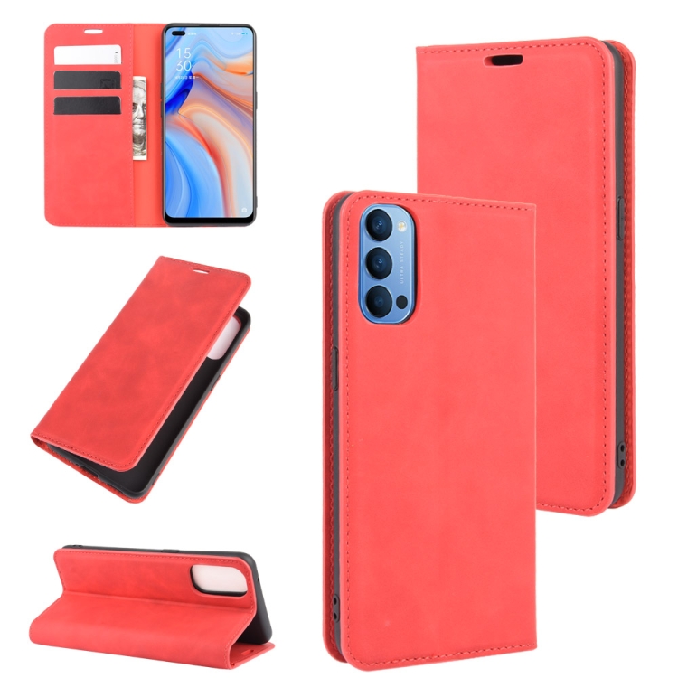 

For OPPO Reno 4 5G Retro-skin Business Magnetic Suction Leather Case with Holder & Card Slots & Wallet(Red)