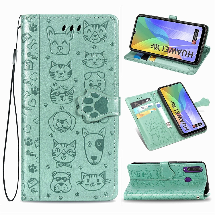 

For Huawei Y6P Lovely Cat and Dog Embossing Pattern Horizontal Flip Leather Case , with Holder & Card Slots & Wallet & Cartoon Clasp & Lanyard(Green)