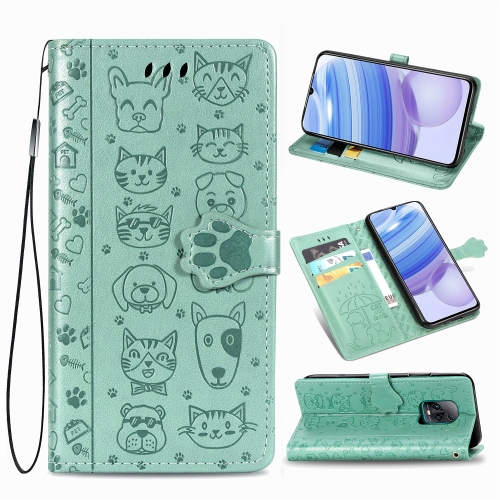 

For Xiaomi Redmi 10X Pro Lovely Cat and Dog Embossing Pattern Horizontal Flip Leather Case , with Holder & Card Slots & Wallet & Cartoon Clasp & Lanyard(Green)