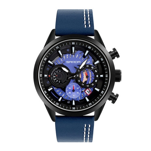 

SANDA 5010P Six-Pin Cool Big Dial Waterproof Three-Eye Men Watch Leather Strap Fashion Trend Men Watch(Blue)