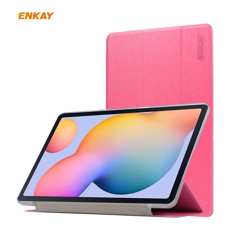 

ENKAY ENK-8008 Three Folding Silk Texture PU Leather + PC Smart Case with Holder for Samsung Galaxy Tab S6 Lite P610 / P615(Rose Red)