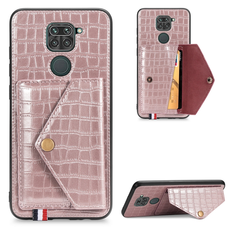 

For Xiaomi Redmi 10X 4G/Note 9 Crocodile Pattern PU+TPU+PVC Shatter-resistant Mobile Phone Case with Magnetic Invisible Holder & Holder & Card Slots(Rose Gold)