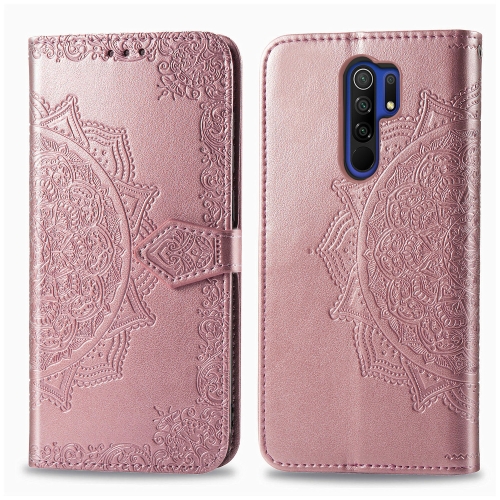 

For Xiaomi Redmi 9 Halfway Mandala Embossing Pattern Horizontal Flip Leather Case with Holder & Card Slots & Wallet & Photo Frame & Lanyard(Rose Gold)