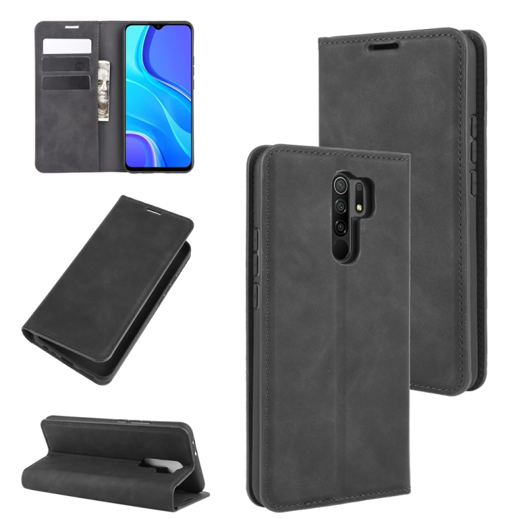

For Xiaomi Redmi 9 Retro-skin Business Magnetic Suction Leather Case with Holder & Card Slots & Wallet(Black)