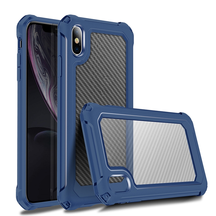 

For iPhone X / XS Transparent Carbon Fiber Texture Rugged Full Body TPU+PC Scratch-Resistant Shockproof Case(Blue)