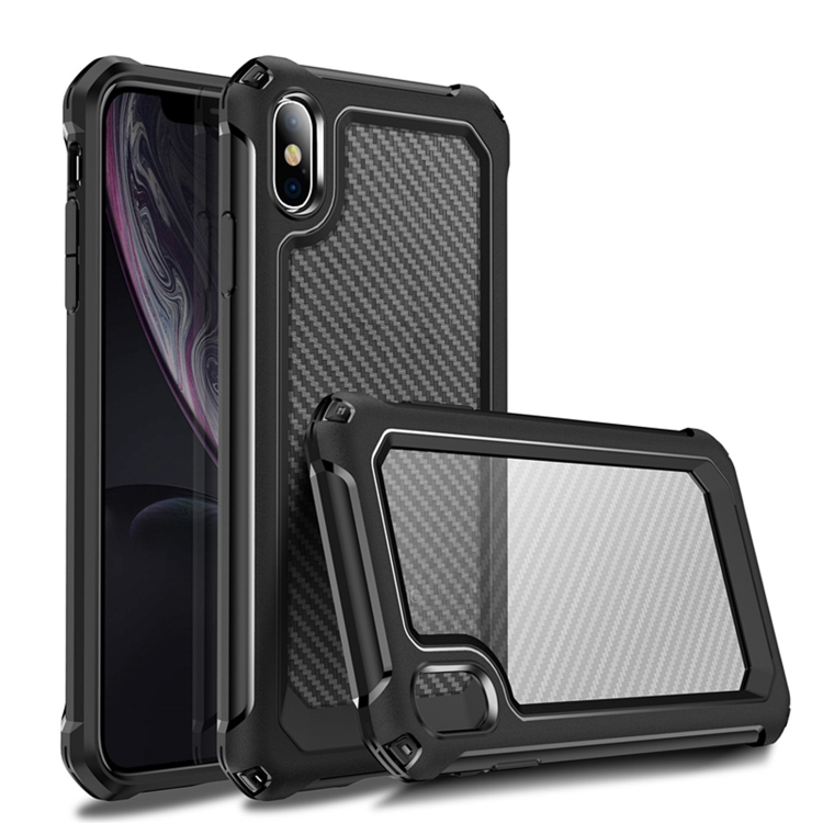 

For iPhone XR Transparent Carbon Fiber Texture Rugged Full Body TPU+PC Scratch-Resistant Shockproof Case(Black)