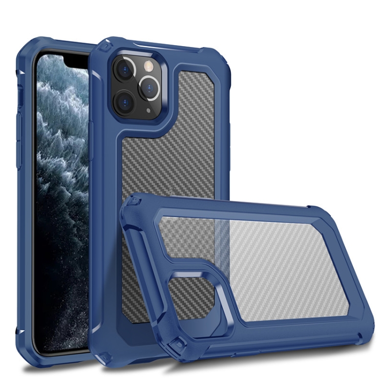 

For iPhone 11 Pro Max Transparent Carbon Fiber Texture Rugged Full Body TPU+PC Scratch-Resistant Shockproof Case(Blue)