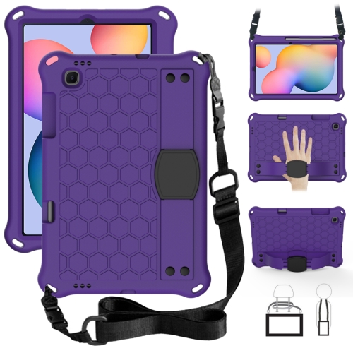 

For Sansung Galaxy Tab S6 Lite P610 Honeycomb Design EVA + PC Material Four Corner Anti Falling Flat Protective Shell With Strap(Purple+Black)