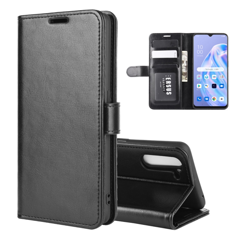

For OPPO Reno 3A (Japanese Version) R64 Texture Single Horizontal Flip Protective Case with Holder & Card Slots & Wallet & Photo Frame(Black)