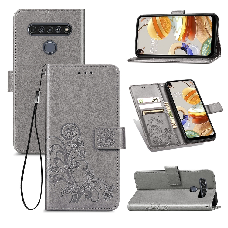 

For LG K61 Four-leaf Clasp Embossed Buckle Mobile Phone Protection Leather Case with Lanyard & Card Slot & Wallet & Bracket Function(Gray)