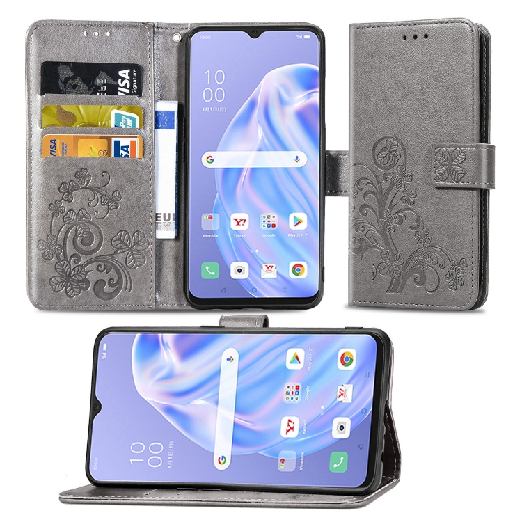 

For OPPO Reno 3A Four-leaf Clasp Embossed Buckle Mobile Phone Protection Leather Case with Lanyard & Card Slot & Wallet & Bracket Function(Gray)