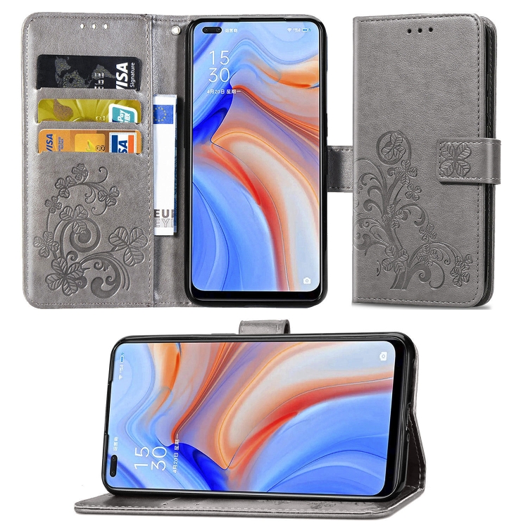 

For OPPO Reno4 Four-leaf Clasp Embossed Buckle Mobile Phone Protection Leather Case with Lanyard & Card Slot & Wallet & Bracket Function(Gray)