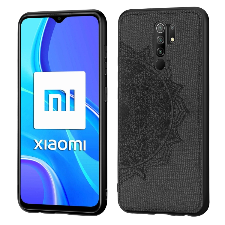 

For Xiaomi Redmi 9 Mandala Embossed Cloth Cover PC + TPU Mobile Phone Case with Magnetic Function and Hand Strap(Black)