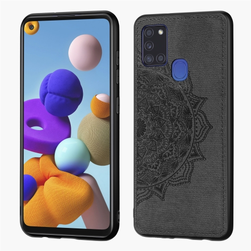 

For Samsung Galaxy A21s Mandala Embossed Cloth Cover PC + TPU Mobile Phone Case with Magnetic Function and Hand Strap(Black)