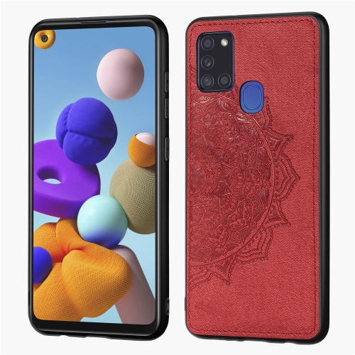 

For Samsung Galaxy A21s Mandala Embossed Cloth Cover PC + TPU Mobile Phone Case with Magnetic Function and Hand Strap(Red)