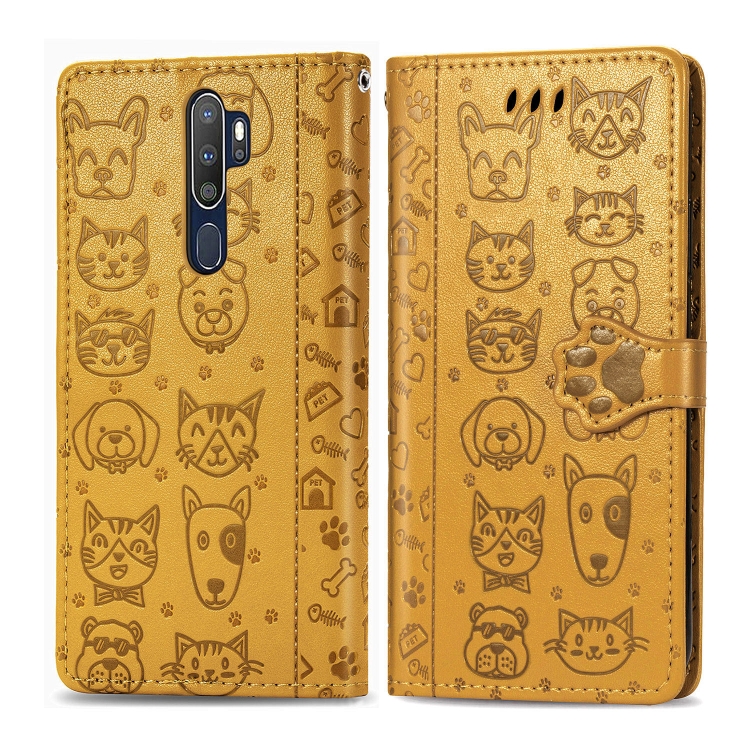 

For OPPO A5 (2020) / A9 (2020) Cute Cat and Dog Embossed Horizontal Flip Leather Case with Holder & Card Slots & Wallet & Cartoon Clasp & Lanyard(Yellow)