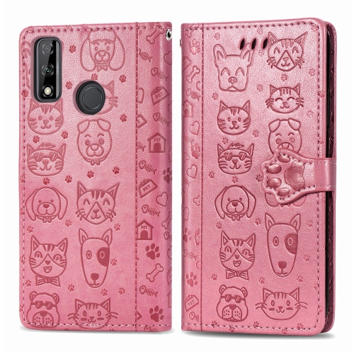 

For Huawei Y8S Cute Cat and Dog Embossed Horizontal Flip Leather Case with Holder & Card Slots & Wallet & Cartoon Clasp & Lanyard(Pink)