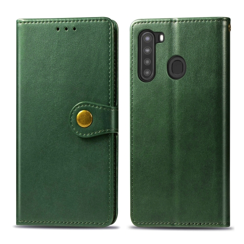 

For Samsung Galaxy A21 U.S. Edition Retro Solid Color Leather Buckle Phone Case with Lanyard & Photo Frame & Card Slot & Wallet & Stand Function(Green)