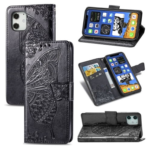 

For iPhone 12 / 12 Pro 6.1 inch Butterfly Love Flower Embossed Horizontal Flip Leather Case with Bracket / Card Slot / Wallet / Lanyard(Black)