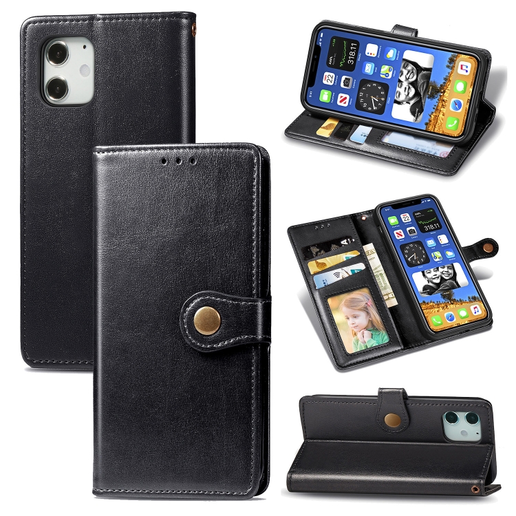 

For iPhone 12 / 12 Pro Retro Solid Color Leather Buckle Phone Case with Lanyard & Photo Frame & Card Slot & Wallet & Stand Function(Black)
