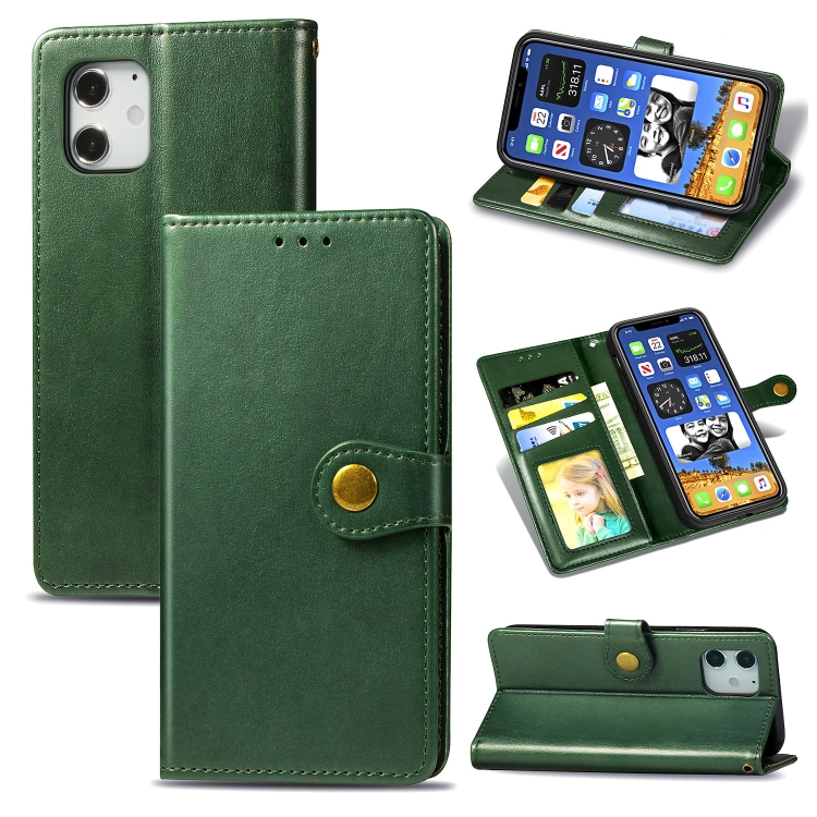 

For iPhone 12 / 12 Pro Retro Solid Color Leather Buckle Phone Case with Lanyard & Photo Frame & Card Slot & Wallet & Stand Function(Green)