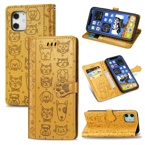 

For iPhone 12 Pro Max 6.7 inch Cute Cat and Dog Embossed Horizontal Flip Leather Case with Holder & Card Slots & Wallet & Lanyard(Yellow)