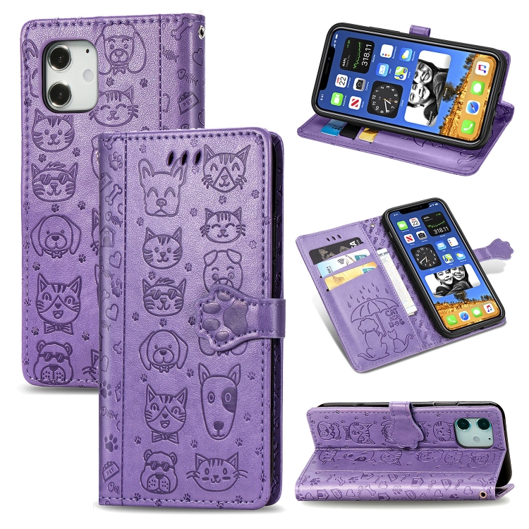 

For iPhone 12 Pro 6.1 inch Cute Cat and Dog Embossed Horizontal Flip Leather Case with Holder & Card Slots & Wallet & Lanyard(Purple)