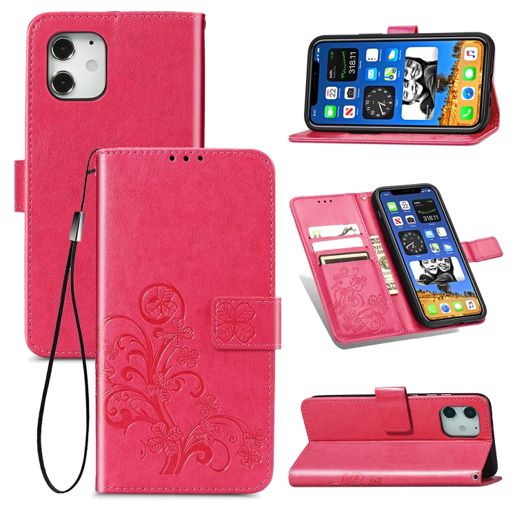 

For iPhone 12 Pro Max Four-leaf Clasp Embossed Buckle Mobile Phone Protection Leather Case with Lanyard & Card Slot & Wallet & Bracket Function(Magenta)