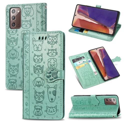 

For Samsung Galaxy Note20 Cute Cat and Dog Embossed Horizontal Flip Leather Case with Bracket / Card Slot / Wallet / Lanyard(Green)