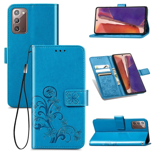 

For Samsung Galaxy Note20 Four-leaf Clasp Embossed Buckle Mobile Phone Protection Leather Case with Lanyard & Card Slot & Wallet & Bracket Function(Blue)
